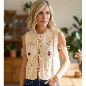 CLOUD TEN embroidered front tie cream top S M L